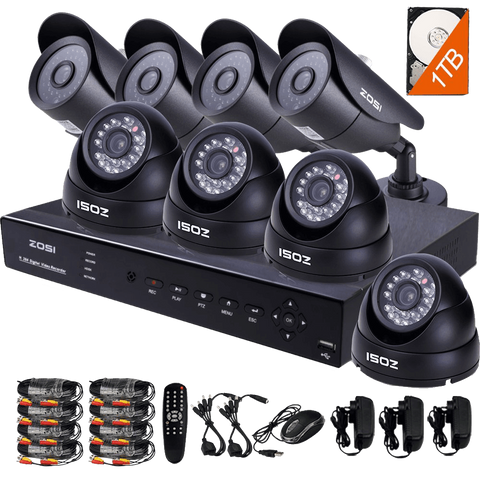 ZOSI 8CH 900TVL HD Security Camera System with 8 Indoor- Outdoor Night Vision Security Cameras 1TB HDD 8channel HDMI DVR Smartphone view and Remote Access